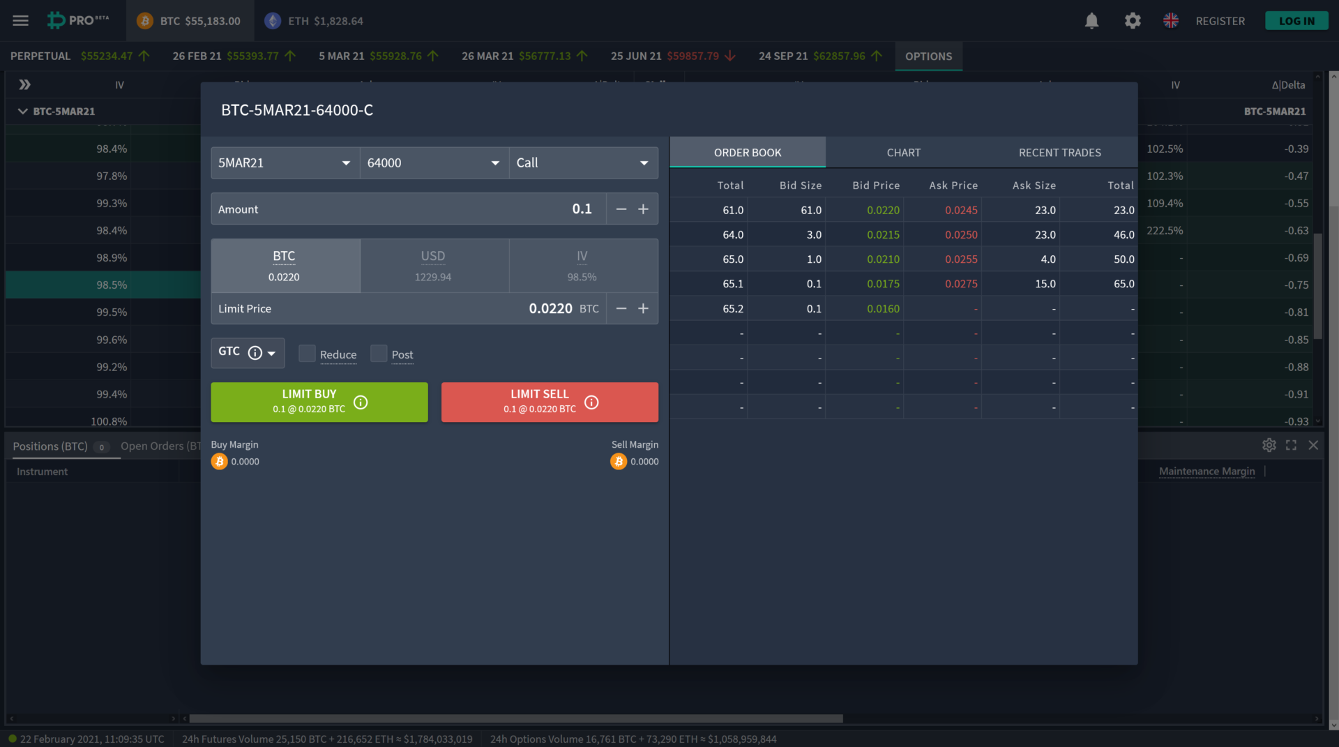 Deribit options trading interface